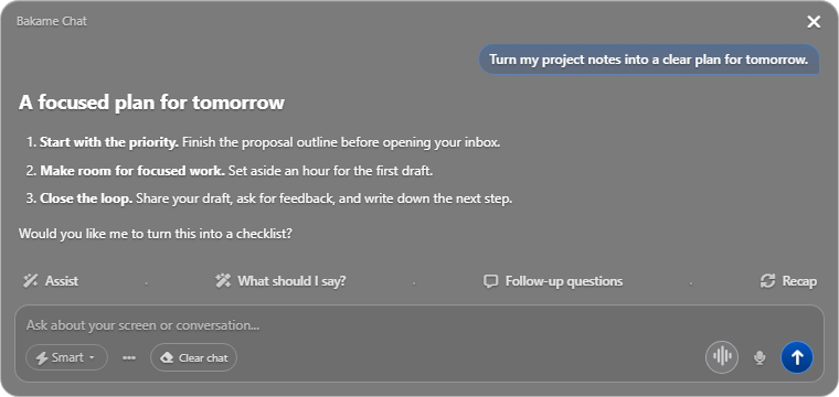 Bakame chat answering a question with Assist, What should I say?, Follow-up questions, and Recap.