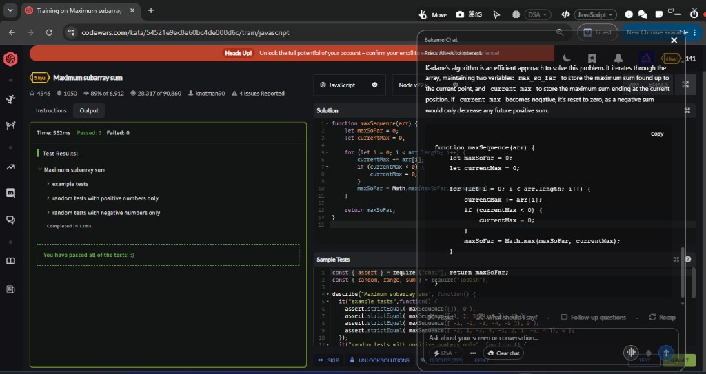 Bakame in DSA mode over a Codewars challenge in Chrome, explaining Kadane's algorithm and showing the passing JavaScript solution.