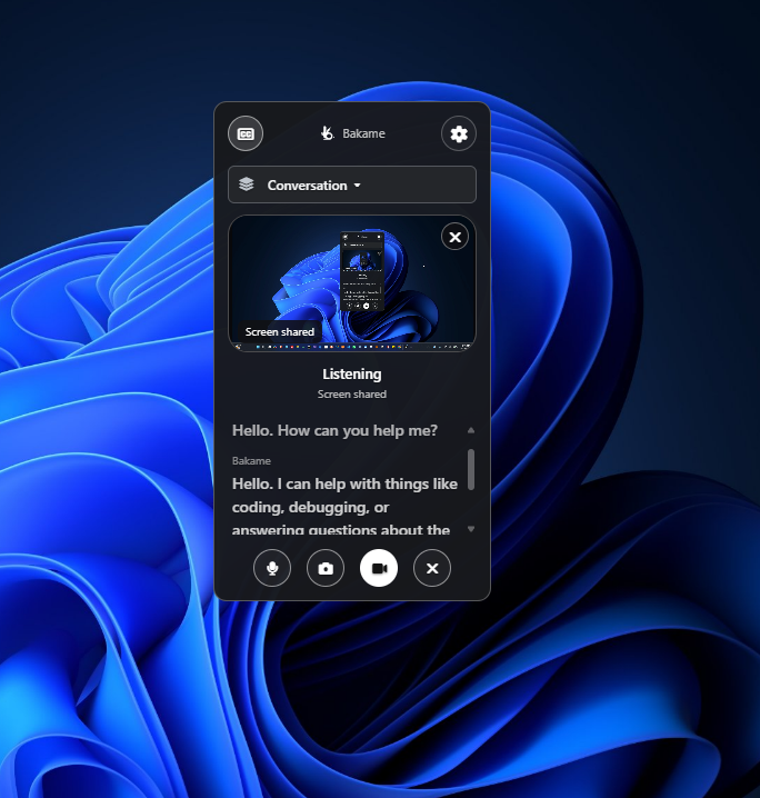 Bakame live conversation with the screen shared, listening and answering with captions.