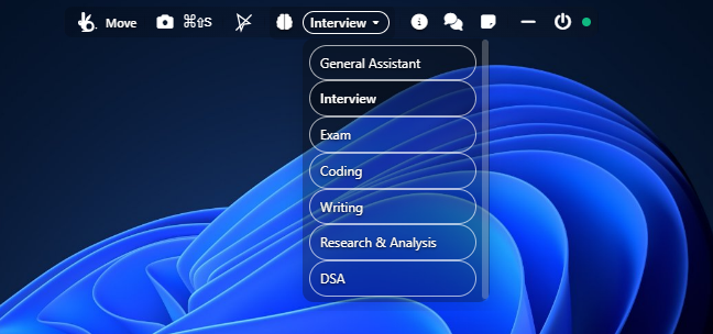 Bakame toolbar with the mode menu open: General Assistant, Interview, Exam, Coding, Writing, Research and Analysis, and DSA.